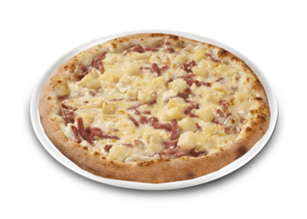 Cr�me fra�che, fromage, lardons, pommes de terre, oignons, origan.