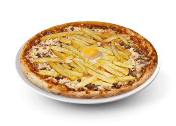 Tomate, fromage, origan, sauce barbecue, viande hach�e, oignons, frites, oeuf. 