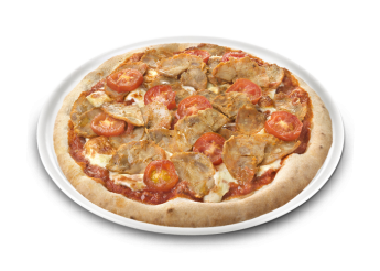 Tomate, fromage, kebab, origan, oignons rouges, tomates fra�ches.
