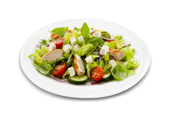Salade, tomates cerises, filet de poulet pan�, potatoes, emmental.
