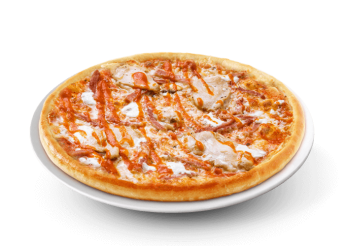 Sauce alg�rienne, fromage, poulet tikka, viande hach�e, oignons rouges, poivrons, olives.  