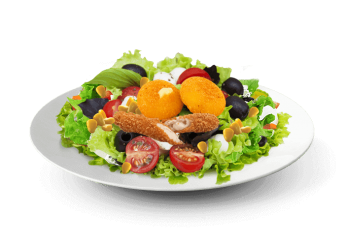 Salade, tomates cerises, mozzarella sticks, bouch�es de camembert, olives noires.
