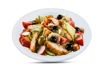 Salade, tomates cerises, filet de poulet pan�, olives noires.
