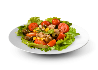 Salade, tomates cerises, thon, olives noires.
